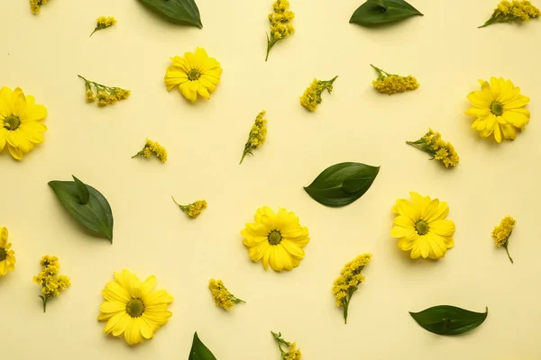 Samenstelling Met Prachtige Bloemen Plantenbladeren Gele Achtergrond — Stockfoto