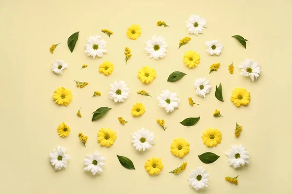 Composition Beautiful Flowers Plant Leaves Yellow Background — Stock Photo, Image