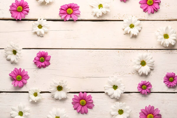 Frame Made Beautiful Chrysanthemum Flowers White Wooden Background — Stock Photo, Image