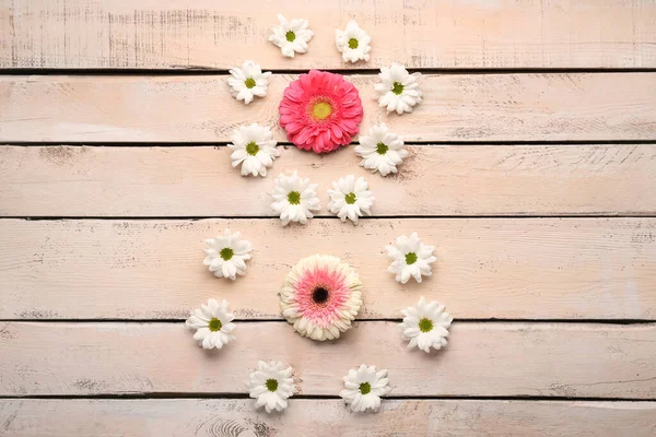 Figure Made Beautiful Flowers Light Wooden Background Women Day Celebration — Stock Photo, Image