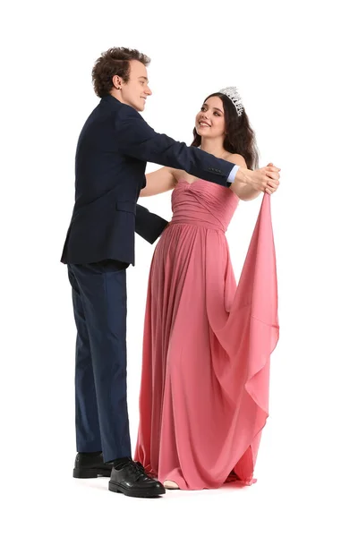 Beyaz Arka Planda Balo Dansı Için Giyinmiş Güzel Bir Çift — Stok fotoğraf