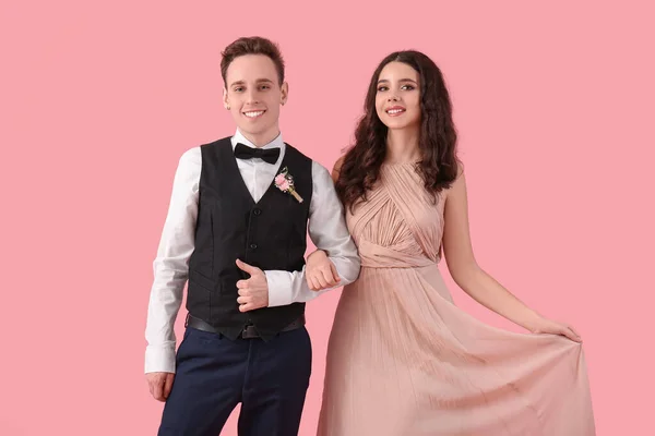 Beautiful Couple Dressed Prom Pink Background — стоковое фото