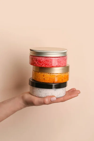 Female Hand Jars Natural Body Scrub Color Background Closeup — Photo