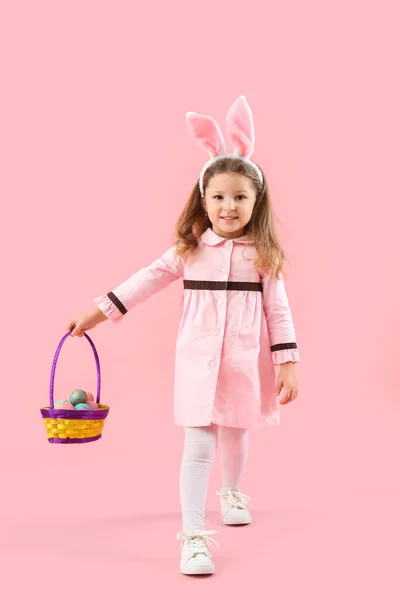 Cute Little Girl Bunny Ears Basket Easter Eggs Pink Background — Stok fotoğraf