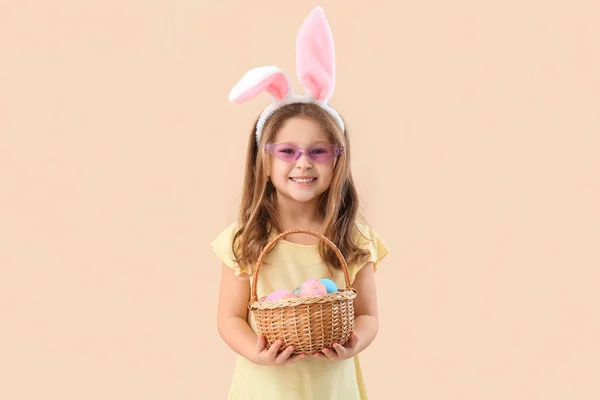 Cute Little Girl Bunny Ears Basket Easter Eggs Beige Background – stockfoto