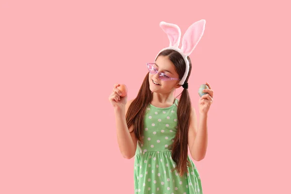 Cute Little Girl Bunny Ears Pink Background — Stok fotoğraf