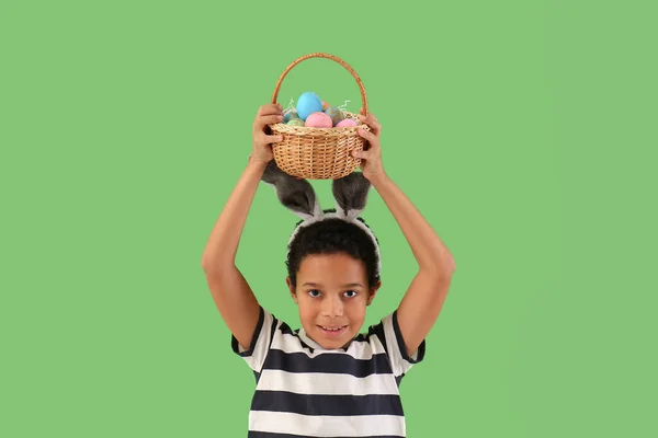 African American Little Boy Bunny Ears Basket Easter Eggs Green — Stok fotoğraf