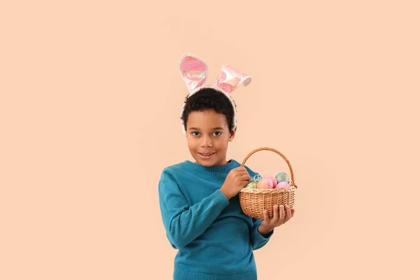 African American Little Boy Bunny Ears Basket Easter Eggs Beige — Stok fotoğraf