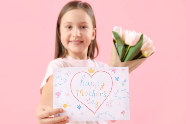 Little Girl Greeting Card Mother Day Tulips Pink Background — Stockfoto