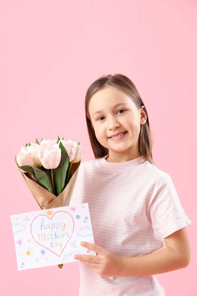 Little Girl Greeting Card Mother Day Tulips Pink Background — Stock Photo, Image