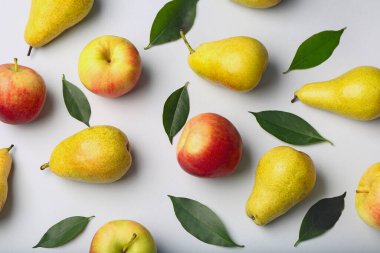 Composition with ripe pears, apples and green leaves on light background