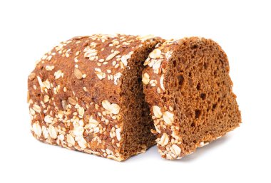 Sliced loaf of rye bread with various seeds isolated on white background