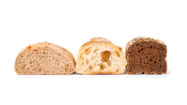 Halves of different bread isolated on white background