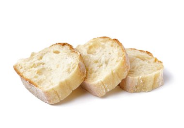 Pieces of fresh baguette isolated on white background