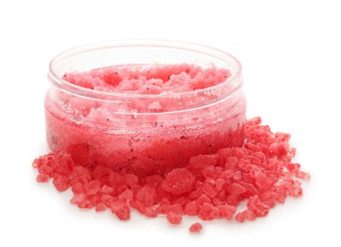 Jar of natural body scrub and sea salt isolated on white background