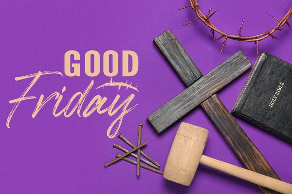 Wooden cross, crown of thorns, Bible, nails, mallet and text GOOD FRIDAY on purple background
