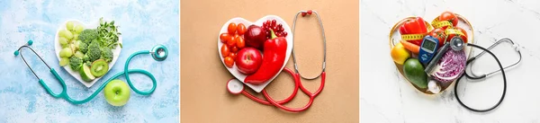 Collage Heart Shaped Plates Healthy Products Stethoscopes Color Background — 스톡 사진