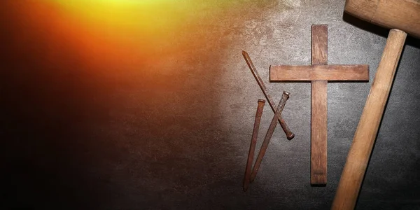 Wooden Cross Nails Mallet Dark Background Space Text Good Friday — Stock fotografie