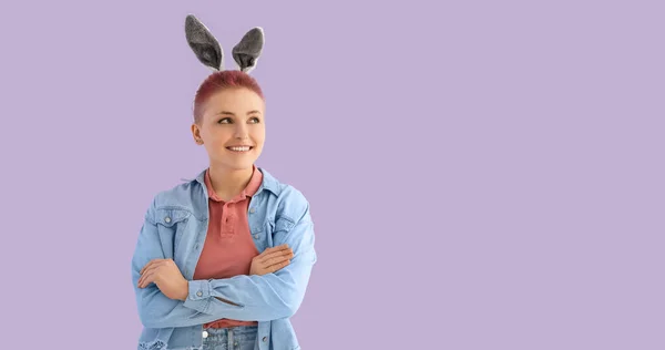 Young Woman Easter Bunny Ears Lilac Background Space Text — Stockfoto
