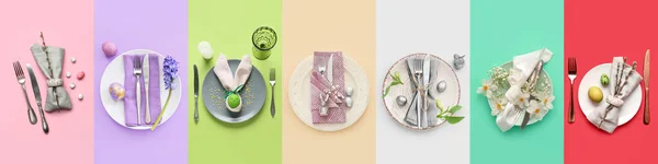 Group Festive Table Settings Easter Dinner Color Background — Stockfoto