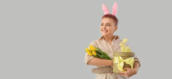 Young Woman Basket Easter Rabbit Tulips Grey Background Space Text — Stockfoto