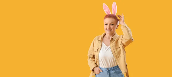 Young Woman Short Hair Easter Bunny Ears Yellow Background — Stok fotoğraf