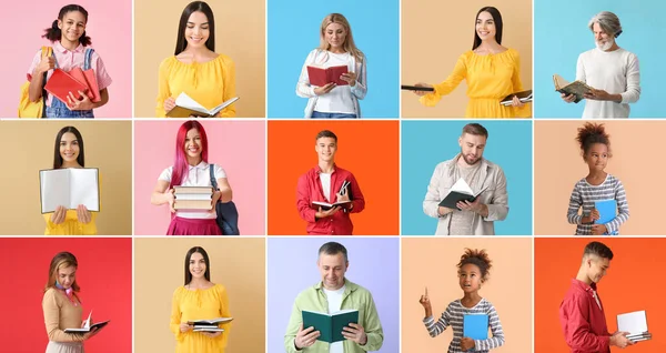 Set Different People Books Color Background — Photo