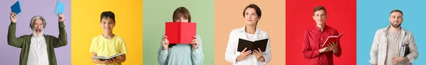 Collection of different people with books on color background