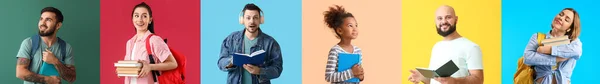 Collage of different people with books on color background