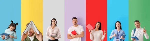 Group Different People Books Color Background — Stockfoto