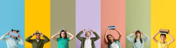 Collage Different People Books Color Background — Stockfoto