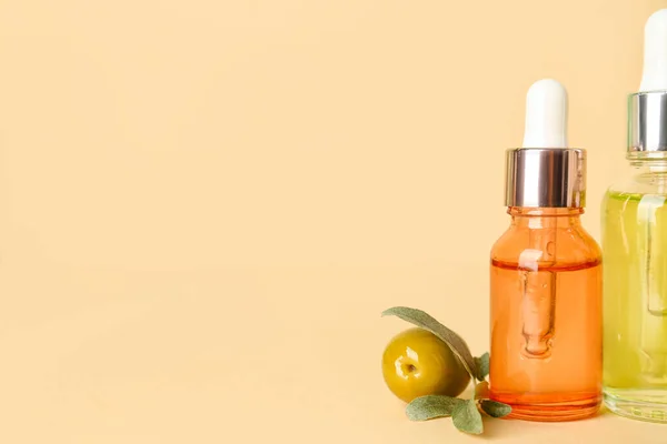 Bottles Essential Olive Oil Color Background — Zdjęcie stockowe