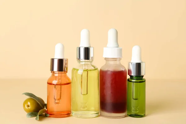 Bottles Essential Olive Oil Color Background — Stock Photo, Image