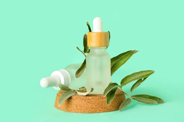 Bottles Olive Essential Oil Color Background — Stock Photo, Image