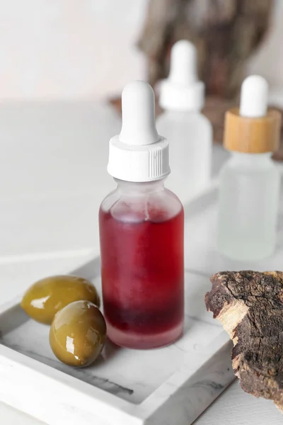 Bottle Olive Essential Oil Table Closeup — Stockfoto