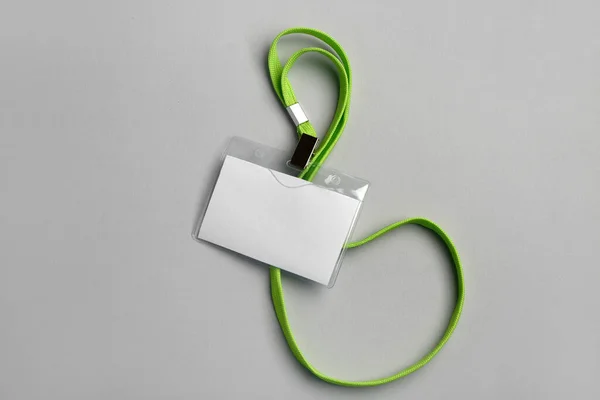 Blank Badge Green Lanyard Grey Background — 스톡 사진
