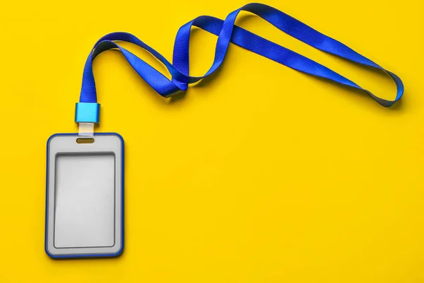 Blank Badge Blue Lanyard Yellow Background — Stock Photo, Image