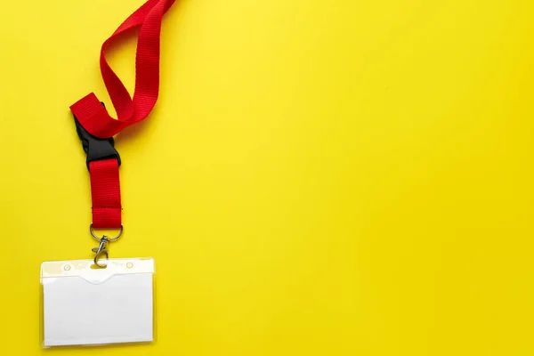 Blank Badge Red Lanyard Yellow Background — Stockfoto
