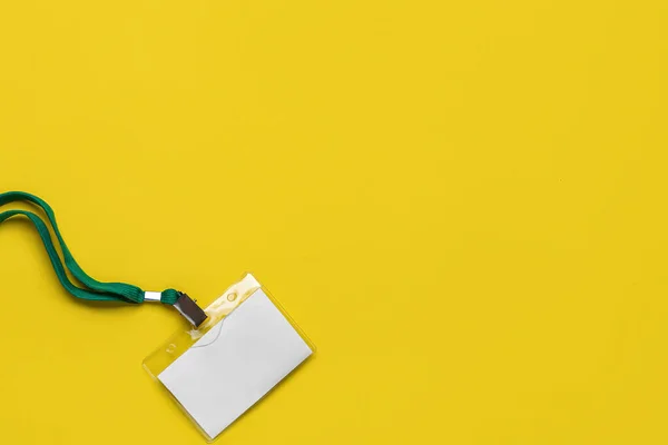 Blank Badge Green Lanyard Yellow Background — Stockfoto
