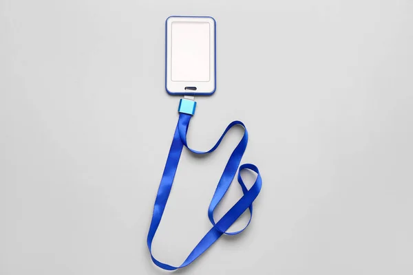 Blank Badge Blue Lanyard Light Background — стоковое фото