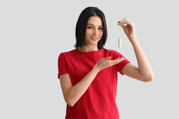 Young Woman Tampon Grey Background — Stock Photo, Image
