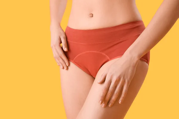 Young Woman Menstrual Panties Yellow Background Closeup — Stok Foto