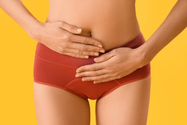 Young Woman Menstrual Panties Yellow Background Closeup — Fotografia de Stock