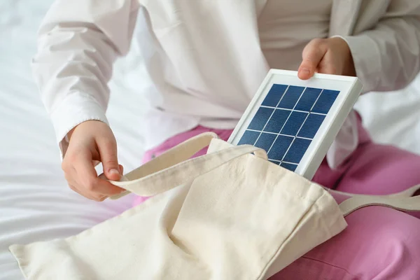 Teenage Girl Taking Portable Solar Panel Bag Bedroom Closeup — Stock Photo, Image