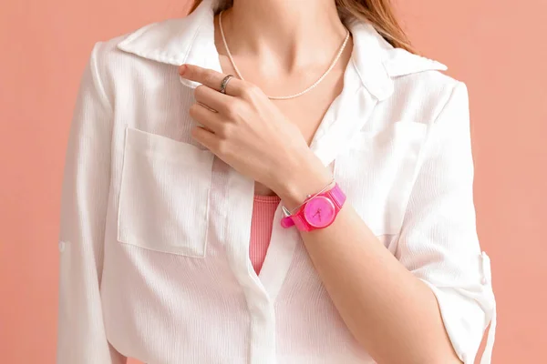 Woman Stylish Wristwatch Pink Background Closeup — Stok fotoğraf