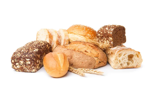 Loaves Different Bread Wheat Ears Isolated White Background — Stock Fotó