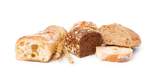 Loaves Different Bread Wheat Ears Isolated White Background — Stock Photo, Image