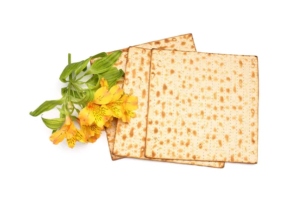 供逾越节用的犹太扁平面包垫和白色背景的美丽的金银花 — 图库照片