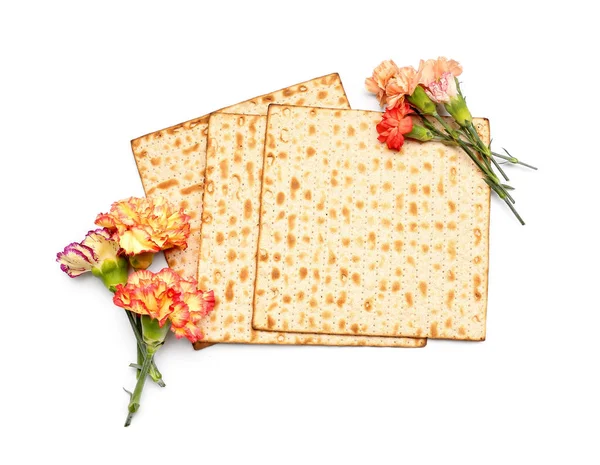 Jewish Flatbread Matza Passover Beautiful Carnation Flowers White Background — Stockfoto