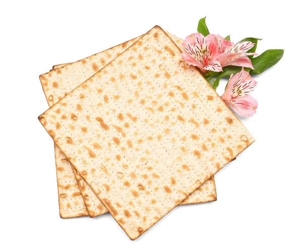 Jewish Flatbread Matza Passover Beautiful Alstroemeria Flowers White Background — Stock Fotó